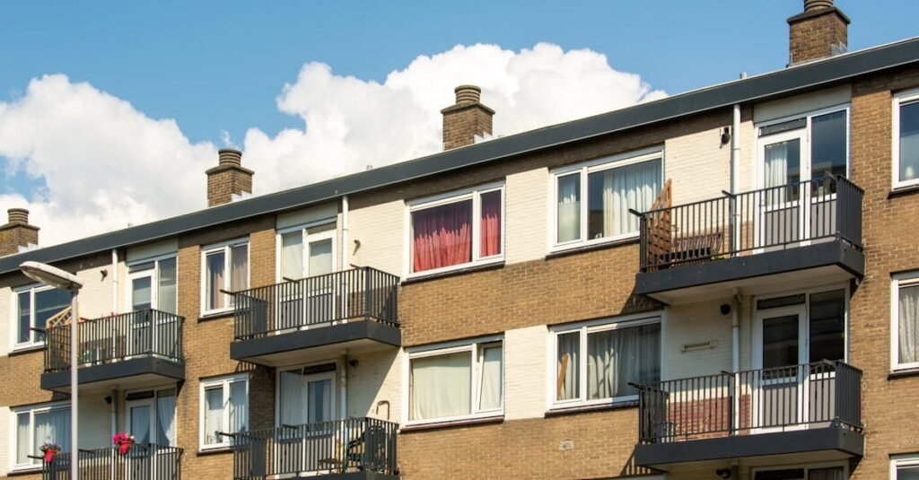 UK apartment building exterior showing leasehold flats
