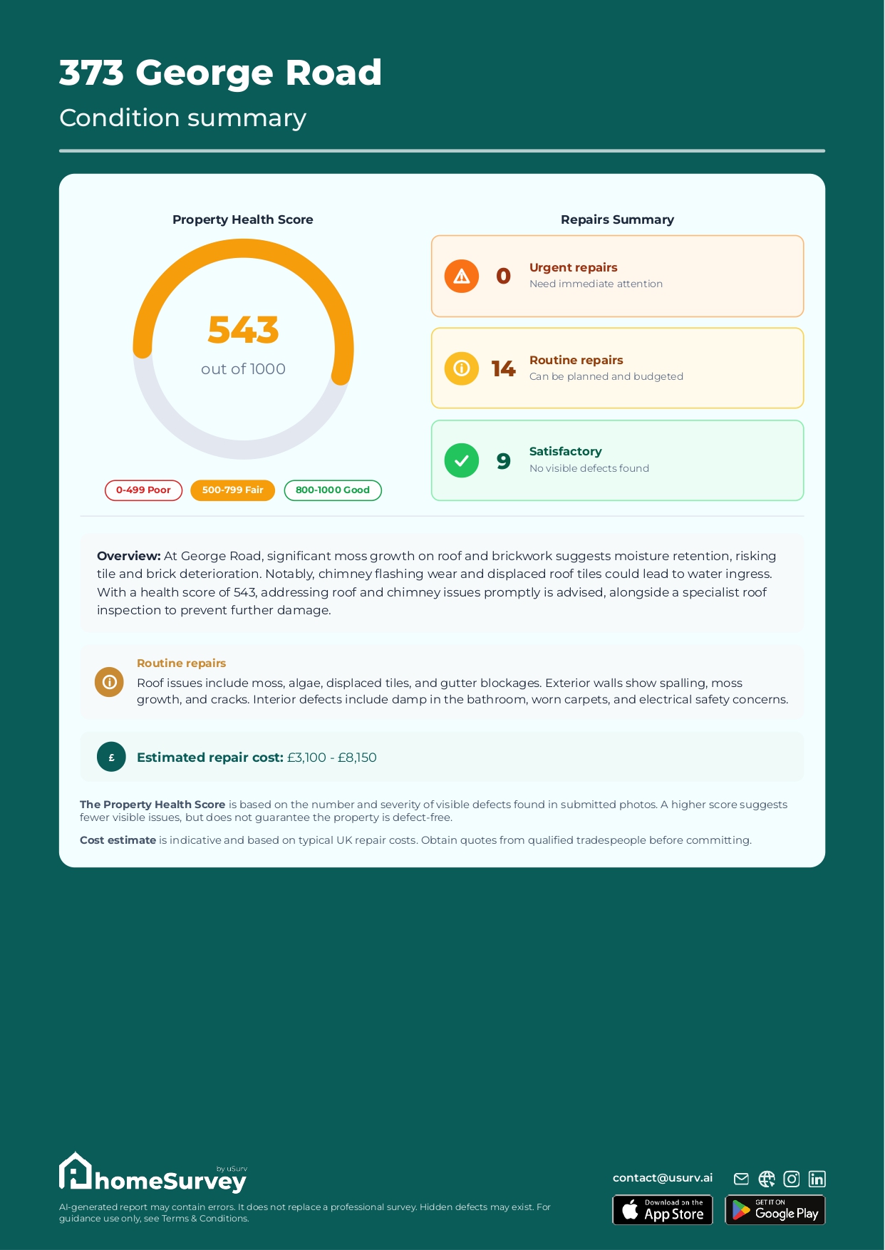 Condition summary with a property health score