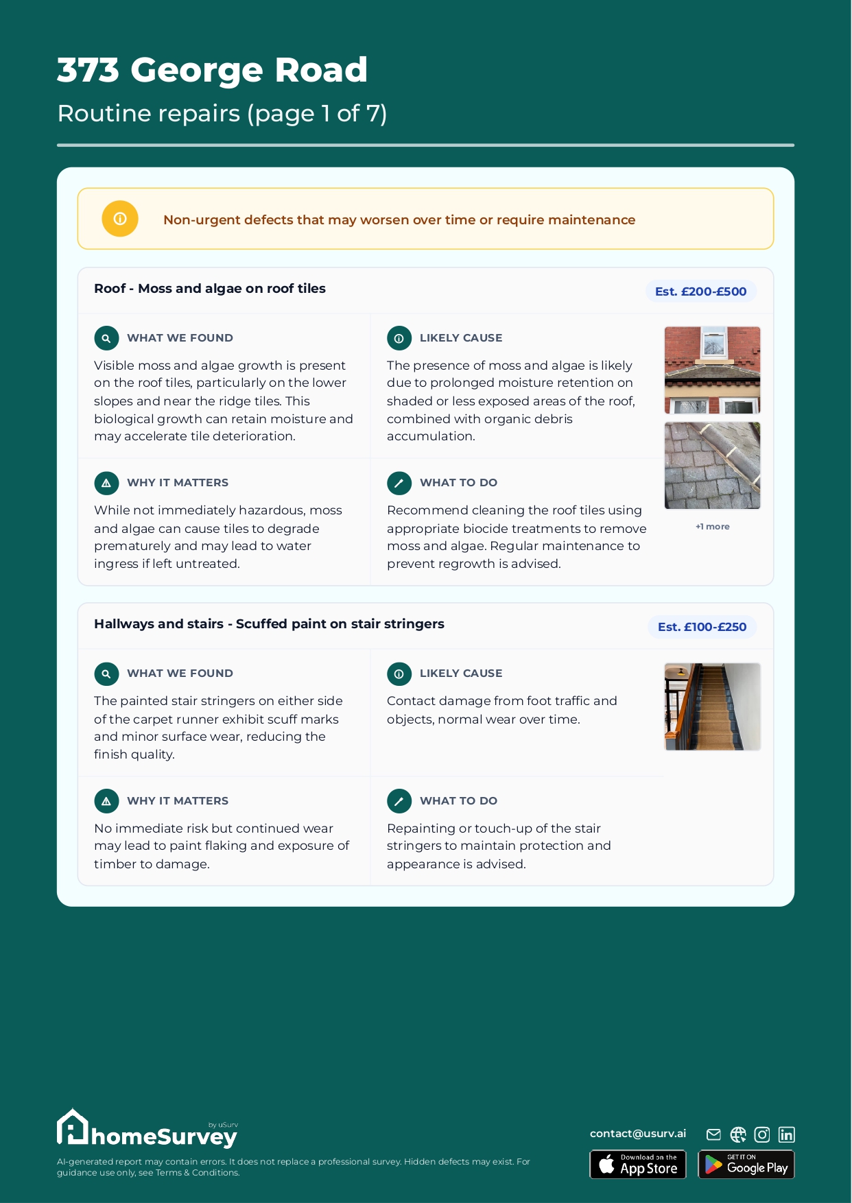 Routine repairs page with costed defect breakdowns